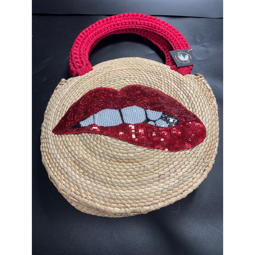By Del Rio Acento Artistico Woven Straw Round Lip Sequin Tote Bag Red Crochet